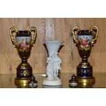 A PAIR OF VIENNA STYLE PORCELAIN PEDESTAL TWIN HANDLED VASES AND COVERS, each decorated with