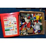 A BOX OF LEGO, with a Lego box, various Action men clothes and shoes and other loose items