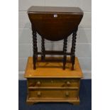 A SMALL OAK BARLEY TWIST GATE LEG TABLE, along with a low pine chest of two drawers (2)