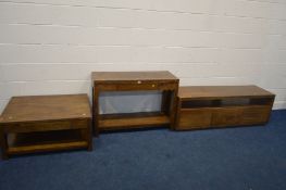 THREE MATCHING HARDWOOD LOUNGE FURNITURE, signed Shack furniture, Australia, comprising a long tv