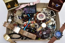 A BOX OF COSTUME JEWELLERY AND WRISTWATCHES, to include a quantity of ladies and gent's wristwatches