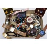 A BOX OF COSTUME JEWELLERY AND WRISTWATCHES, to include a quantity of ladies and gent's wristwatches