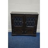 A DARK OAK LEAD GLAZED TWO DOOR BOOKCASE, above double panel doors, width 107cm x depth 33cm x