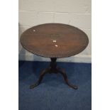 A GEORGIAN CARVED OAK CIRCULAR TOPPED TRIPOD TABLE, with a carved mythical creature to the top,