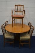 A SET OF FOUR 1970'S TEAK SPINDLE BACK CHAIRS, possibly Afred cox, together with a modern beech