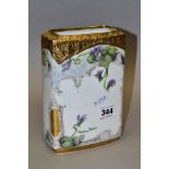 A 20TH CENTURY RECTANGULAR PORCELAIN VASE HAND PAINTED WITH VIOLETS, in the Edwardian style,