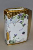 A 20TH CENTURY RECTANGULAR PORCELAIN VASE HAND PAINTED WITH VIOLETS, in the Edwardian style,