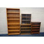 A TALL MODERN BEECH OPEN BOOKCASE, width 92cm x depth 25cm x height 205cm, along with two sized