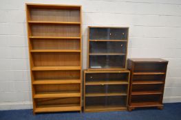 A TALL MODERN BEECH OPEN BOOKCASE, width 92cm x depth 25cm x height 205cm, along with two sized