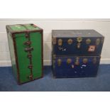 A VINTAGE METAL BOUND WARDROBE TRUNK, with a green field, length 104cm x depth 53cm x height 52cm (