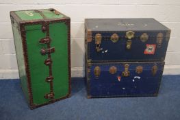 A VINTAGE METAL BOUND WARDROBE TRUNK, with a green field, length 104cm x depth 53cm x height 52cm (