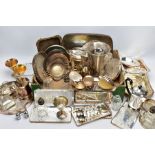 A BOX OF WHITE METAL WARE, to include an EPNS wooden handled food warmer, a variety of silver plated