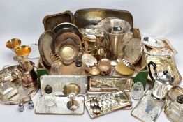 A BOX OF WHITE METAL WARE, to include an EPNS wooden handled food warmer, a variety of silver plated