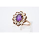 A 9CT GOLD AMETHYST AND SPLIT PEARL CLUSTER RING, the raised cluster designed with a central oval