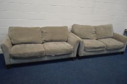A LIGHT OLIVE GREEN UPHOLSTERED TWO PIECE SUITE, comprising two two seater settees, width 196cm (