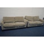 A LIGHT OLIVE GREEN UPHOLSTERED TWO PIECE SUITE, comprising two two seater settees, width 196cm (