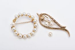 TWO 9CT GOLD CULTURED PEARL SET BROOCHES, the first of an openwork circular form, set with