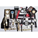 A BOX OF WRISTWATCHES, A STOPWATCH AND A TRAVEL CLOCK, to include a variety of quartz, ladies and