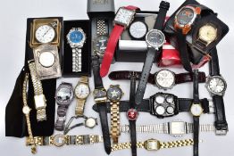 A BOX OF WRISTWATCHES, A STOPWATCH AND A TRAVEL CLOCK, to include a variety of quartz, ladies and