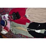 A GROUP OF LADIES HATS, BAGS AND COATS, ETC, including a BHS wool and cashmere red coat size 18, a