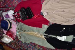 A GROUP OF LADIES HATS, BAGS AND COATS, ETC, including a BHS wool and cashmere red coat size 18, a