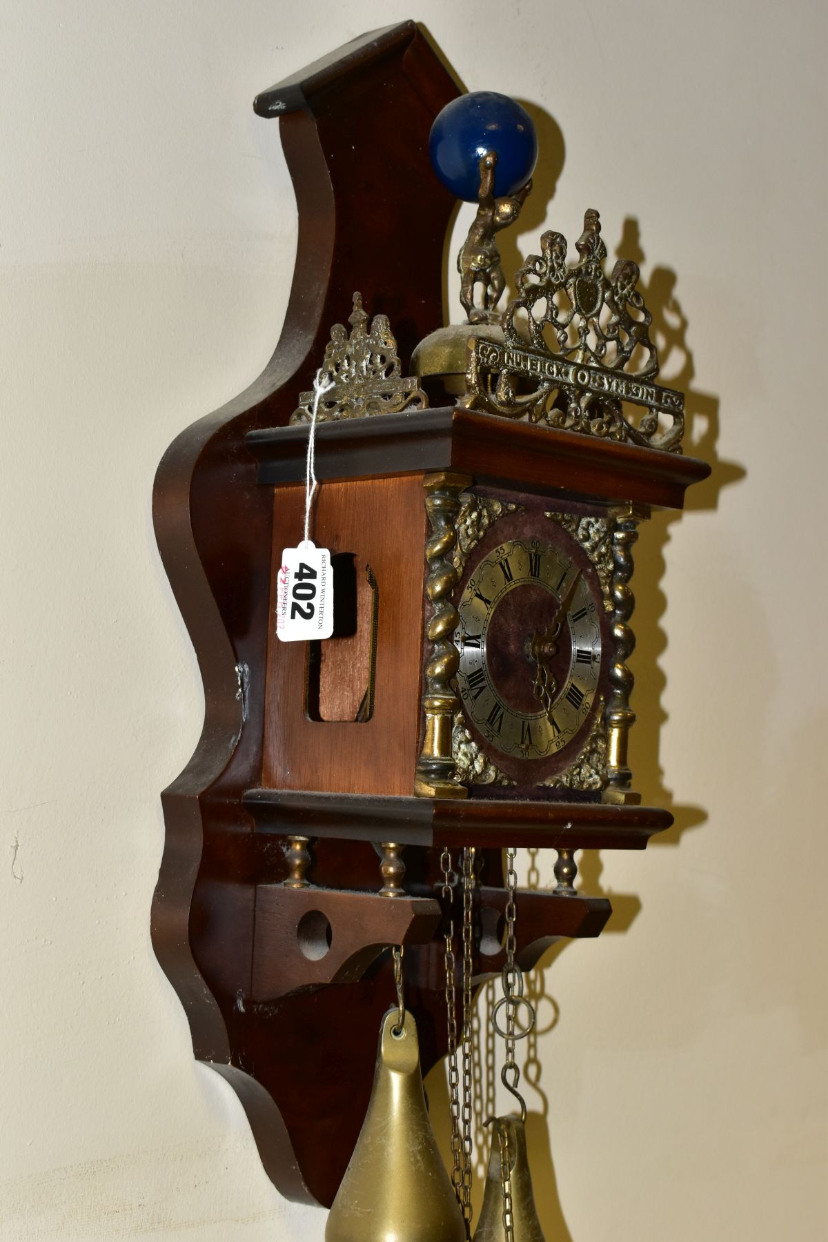 A REPRODUCTION DUTCH STYLE WALL CLOCK, with Atlas finial above, pierced gallery and crest, dial with - Image 5 of 5