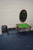A 1940'S OAK FRAMED BEVELLED EDGE OVAL WALL MIRROR, along with two other wall mirrors, and a folding