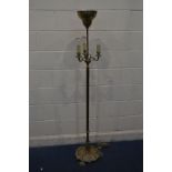 AN EARLY 20TH CENTURY BRASS FOUR BRANCH FLOORSTANDING LIGHT, with foliate decoration, height 170cm