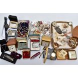 A BOX OF MISCELLANEOUS ITEMS, to include a cased white metal pendant necklace stamped 925, a variety