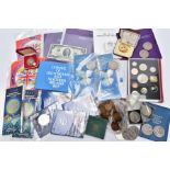 A SMALL BOX OF UK COINAGE, to include a silver gilt Jubilee 1977 medal (stained), a J F Kennedy 1951