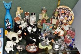 A COLLECTION OF ORNAMENTAL CERAMICS, ETC, to include Quail Ceramics Cats, Bride and Groom, Basil,