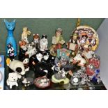 A COLLECTION OF ORNAMENTAL CERAMICS, ETC, to include Quail Ceramics Cats, Bride and Groom, Basil,