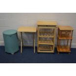 A MODERN BEECH KITCHEN TROLLEY, along with a pine telephone stand, folding occasional table and a