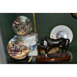 A BESWICK BLACK BEAUTY AND FOAL SCULPTURE, rear leg re-glued, together with three Wedgwood/