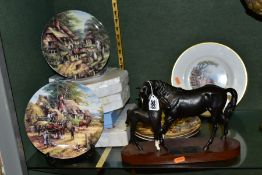 A BESWICK BLACK BEAUTY AND FOAL SCULPTURE, rear leg re-glued, together with three Wedgwood/