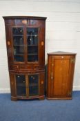 AN OAK HANGING CORNER CUPBOARD, width 72cm x depth 41cm x height 123cm together with an Sheraton