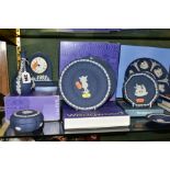 A GROUP OF BOXED AND LOOSE PORTLAND BLUE WEDGWOOD JASPERWARE, including four trinket boxes, a bud