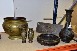 A GROUP OF SIX PIECES OF ORIENTAL METALWARE, comprising a 20th Century shallow Cloisonne bowl, black