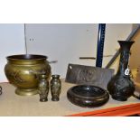 A GROUP OF SIX PIECES OF ORIENTAL METALWARE, comprising a 20th Century shallow Cloisonne bowl, black