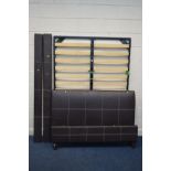 A BROWN LEATHERETTE 4FT6 BED FRAME, with side rails bed base (sd)