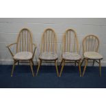 AN ERCOL MODEL 365A BLONDE ELM AND BEECH QUAKER WINDSOR ARMCHAIR, a pair of quaker Windsor chairs (
