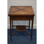 AN EDWARDIAN MAHOGANY AND MARQUETRY INLAID ENVELOPE CARD TABLE, with a baize interior, single frieze
