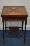 AN EDWARDIAN MAHOGANY AND MARQUETRY INLAID ENVELOPE CARD TABLE, with a baize interior, single frieze