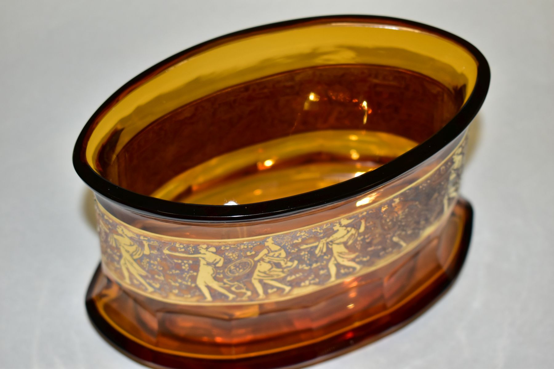 A MOSER OVAL AMBER GLASS VASE, with a gilt band of relief decorated Amazons with spears, shields and - Image 3 of 8