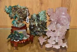 A GROUP OF THREE 20TH CENTURY CHINESE SEMI PRECIOUS STONE CARVINGS, comprising a jadite carving of