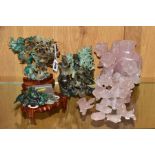 A GROUP OF THREE 20TH CENTURY CHINESE SEMI PRECIOUS STONE CARVINGS, comprising a jadite carving of