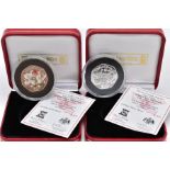BOXED PAIR OF ISLE OF MAN SILVER PROOF COINS, to include a coloured six Geese A Laying and plain