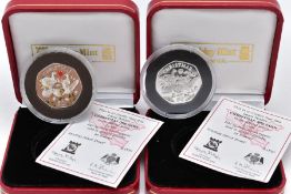 BOXED PAIR OF ISLE OF MAN SILVER PROOF COINS, to include a coloured six Geese A Laying and plain