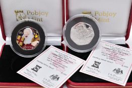 TWO ISLE OF MAN SILVER PROOF FIFTY PENCE COINS IN BOXES OF TISSUE by Pobjoy Mint, to include a