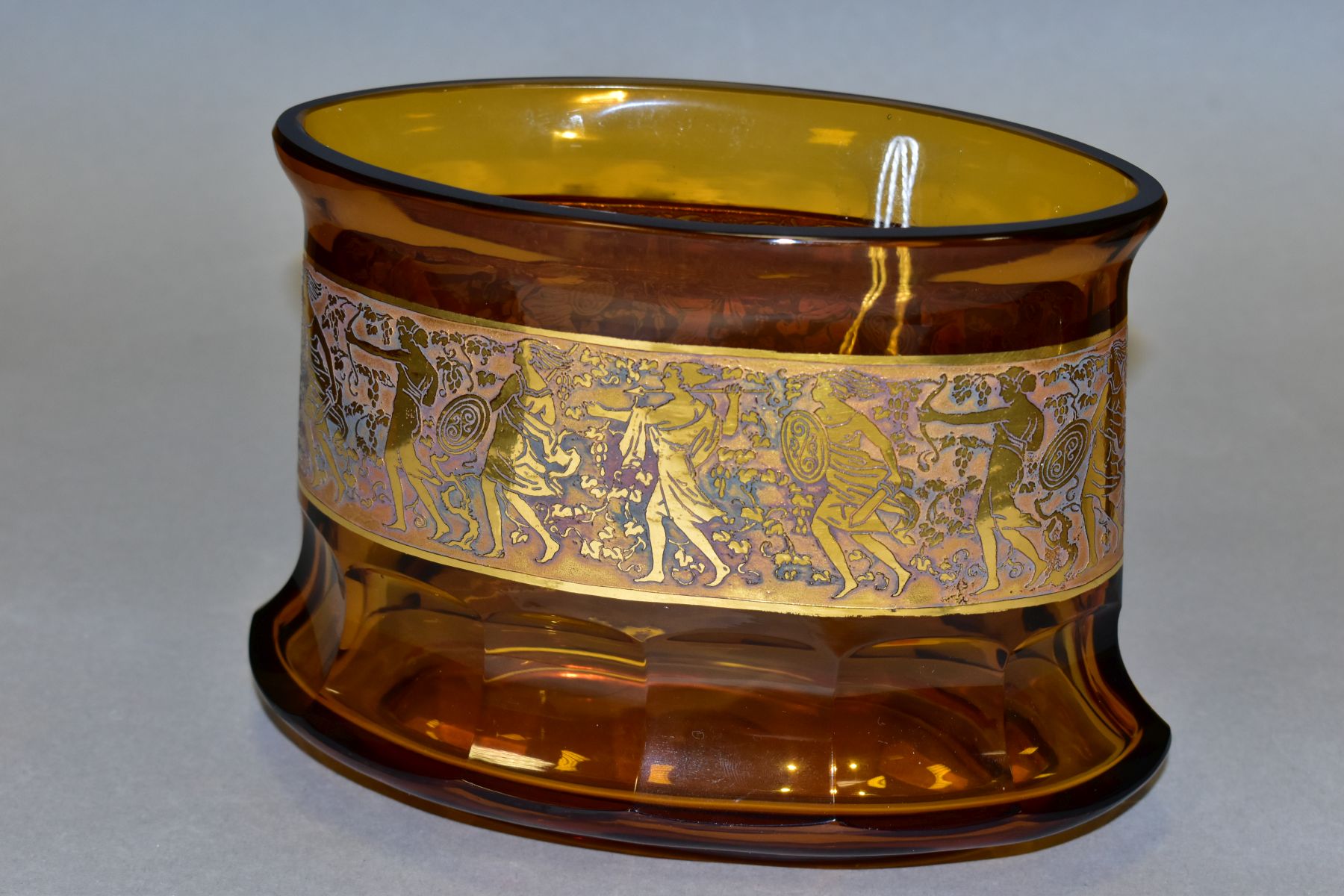 A MOSER OVAL AMBER GLASS VASE, with a gilt band of relief decorated Amazons with spears, shields and - Image 5 of 8